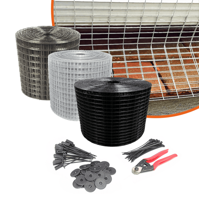 Solar Panel Bird Proofing kit complete with premium mesh clips, solar panel mesh, cable ties, and wire cutters.